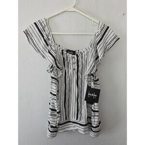 By & By Women's Blouse Top Boho Style White & Black Striped Flutter Sleeve Sz. M